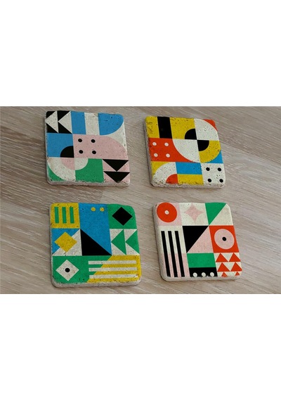 Geometrik Desenler Doğal Taş Bardak Altlığı 4'lü Set - Natural Stone Coasters - Taş Çok Renkli