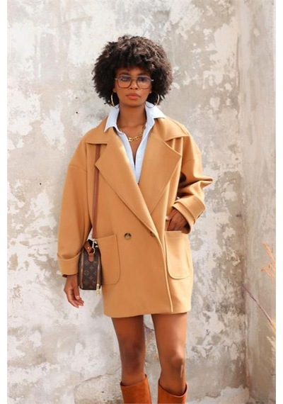 Dip Moda Kadın Camel Kolu Kemerli Kaşe Kaban Dpnbasp6767 Camel