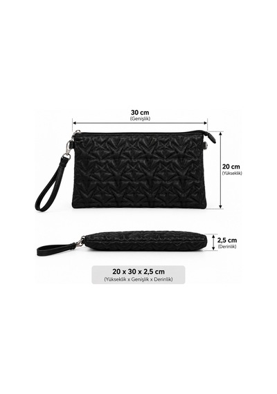 Feg Store Kadın Siyah Yıldız Dikişli Zincir Askı Detaylı Fermuarlı Clutch Çanta