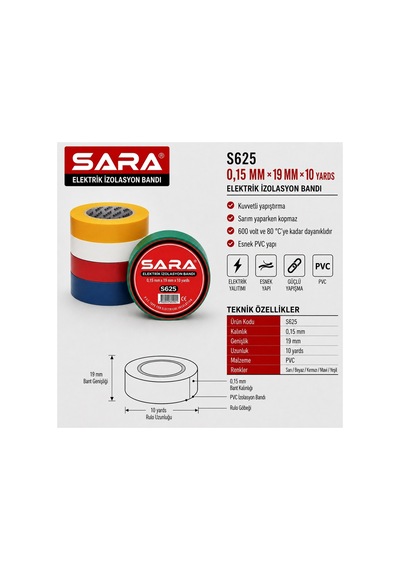 Sara S625 Elektrik Izolasyon Bandı 0,15 Mm X 19 Mm X 10 Yards, Pvc, 10 Lu Paket