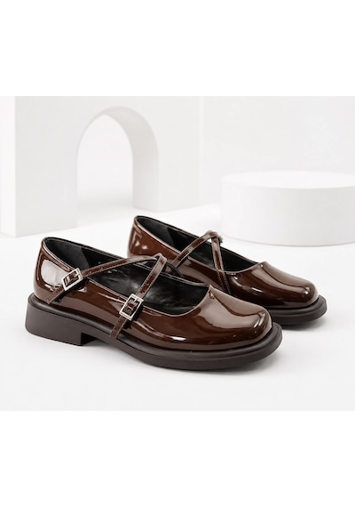 Dabab Shoes Marsel Kadın Acı Kahve Rugan Çapraz Bantlı Tokalı 2 Cm Kalın Taban Mary Jane Ayakkabı Kahverengi
