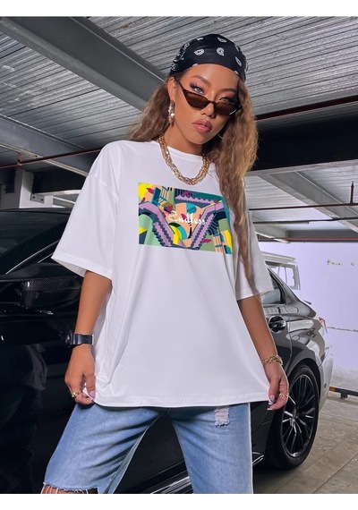 Kadın Beyaz Oversize Pamuk Baskılı T-shirt Beyaz