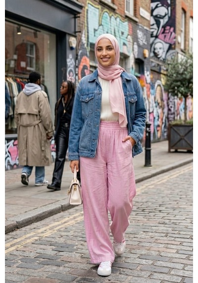 Hb Harma Time Butik Kadın Beli Lastikli Çilek Kumaş Pembe Salaş Pantolon Pembe Pembe