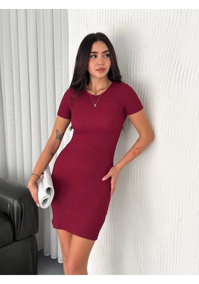 Bisiklet Yaka Kısa Kol Likralı Elbise - Bordo Bordo