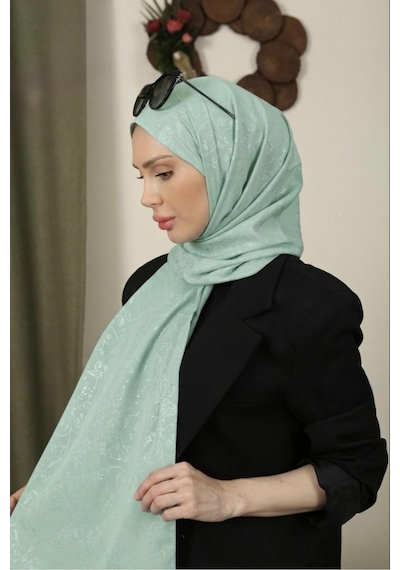 Flora Tekstil Çiçekli Desen İnce Medine İpeği Jakar Şal Mint Yeşili