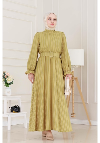 Sevitli Kolu Volanlı Kemerli Henna Elbise-hardal-5061 Hardal