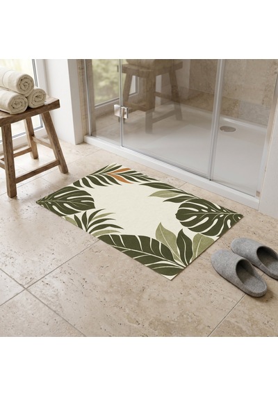 Kartela Halı Botanik Yaprak Desenli Banyo Paspası Zeytin Kaymaz Taban Makinede Yıkanabilir 50x75 Cm Yeşil Zeytin