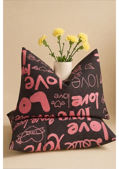 Love Desenli Pamuklu Ranforce Kumaş Fermuarlı Yastık Kılıfı 2 Adet 50x70 Cm Yeşil
