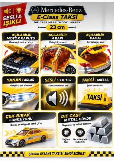 Oyuncak Taksi Mercedes Benz S680 V12 Maybach Sesli Işıklı Çek Bırak Açılabilir Kapılar Metal Kasa 23cm Sarı