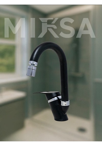 Siyah-krom Baston Borulu Oynar Başlıklı Perlatörlü Banyo Lavabo Bataryası, Çiftsugirişli