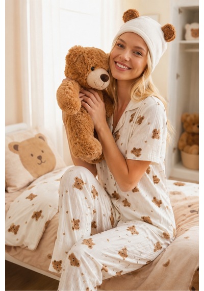 Ayıcık Desenli Bürümçük Kumaş Kısa Kollu Pijama Takımı 6068 Kırık Beyaz