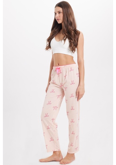 Tudors Kadın Regular Fit Klasik Kesim Viskon Beli Lastikli Fiyonk Detaylı Baskılı Turuncu Pijama Altı-51009