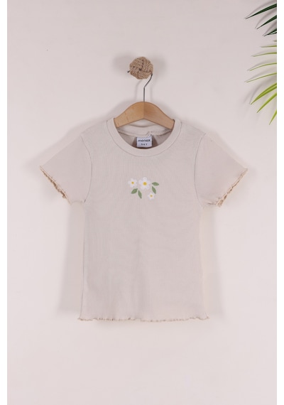 Monox 5-12 Yaş Kız Çocuk 3'lü Nakışlı Fitilli Tshirt Likralı Esnek Yazlık Body Set Taş Yeşil Nar