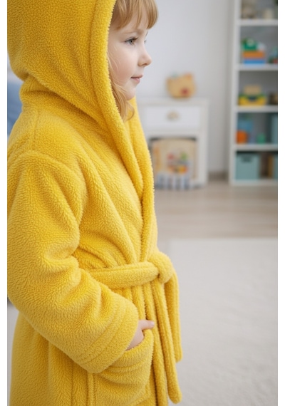 Luna Soft Kız / Erkek Çocuk Kapşonlu Pamuklu Bornoz Peluş Sabahlık 7/8 Yaş Civciv Sarısı Bal Sarısı