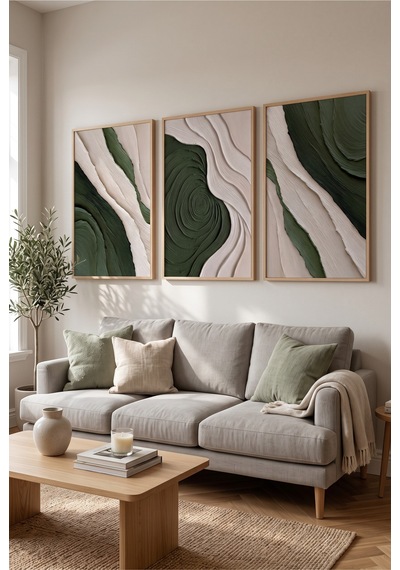 Doğal Ahşap Çerçeveli Soyut Yeşil Krem Duvar Tablosu 3 Lü Set Akışkan Desenli Modern Dekorasyon Kabartma Görünümlüdür Bej Doğal Ahşap Çerçeveli Soyut Yeşil Krem Duvar Tablosu 3 Lü Set Akışkan Desenli Modern Dekorasyon Kabartma Görünümlüdür Bej