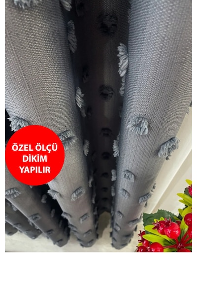 Fon Perde Koyu Gri Pufy Püsküllü, Ponponlu, Perde Sık Pileli Keten Pano Fon Tek Kanat Koyu Gri