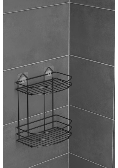 Teknotel Banyo Düzenleyici Şampuanlık Sabunluk 2 Katlı Yapışkanlı Banyo Duş Rafı Siyah St008 Siyah