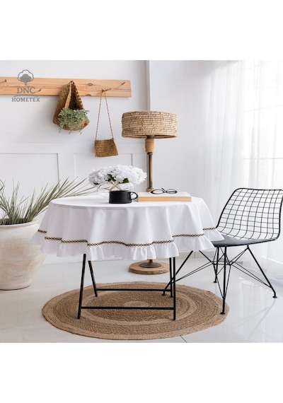 Dnc Home Tekstil Premium Keten Beyaz Fırfırlı Özel Seri Masa Örtüsü Beyaz