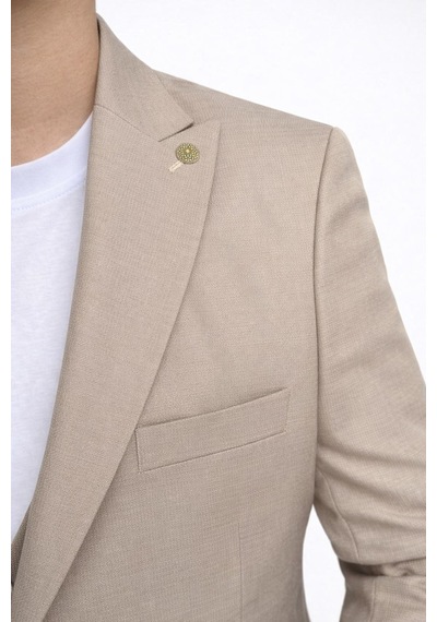 Erkek Slim Fit Takım Elbise Yelekli Modern Kesim Likralı Esnek Kumaş Kırışmaz Şık Düğün Davet Takımı Bej