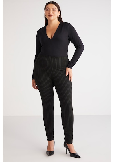 ETHIQUET ABRIELLEBB Kadın Çizgi Desenli Slim Fit Dar Paça Fermuarlı Örme Siyah - Beyaz Büyük Beden Pantolon