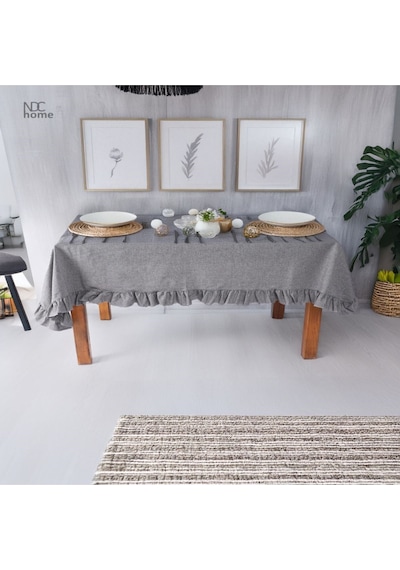 Dnc Home Tekstil  Gri Antrasit Keten Fırfırlı Masa Örtüsü Gri Antrasit