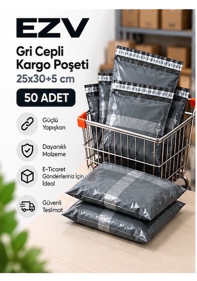 Gri Cepli Kargo Poşeti 25x30+5 Cm 50 Adet Yapışkanlı, Şeffaf Evrak Cepli