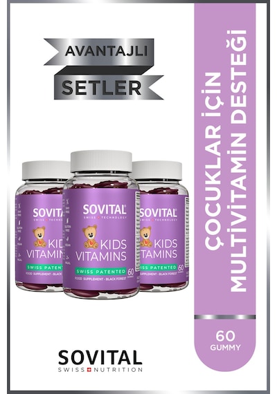 Sovital Kids A, C, D3, B6, B12, Çinko, Kalsiyum İçeren Çocuklar İçin Çiğnenebilir,vegan,şekersiz 60 Gummy X 3 Adet