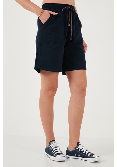 Lela Pamuklu Relaxed Fit Yüksek Bel Cepli Mini Bayan Şort 668Yp5384 Lacivert
