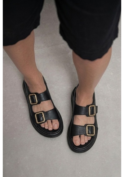 Giamgia Store Kadın Siyah İki Bantlı Kalın Taban Rahat Günlük Sandalet-2357