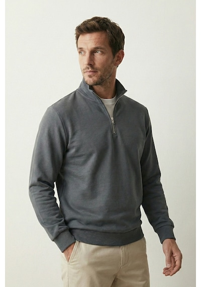 Elemge Pamuklu Erkek Sweatshirt Antrasit Soft Touch Relax Fit Yarım Fermuarlı Dik Yaka 3 Iplik Nefes Alan