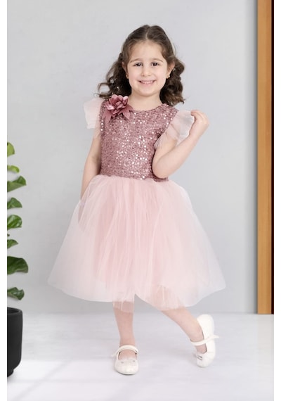 Küpeli Pul Payet Tüllü Kız Çocuk Elbise Mnk0526 001