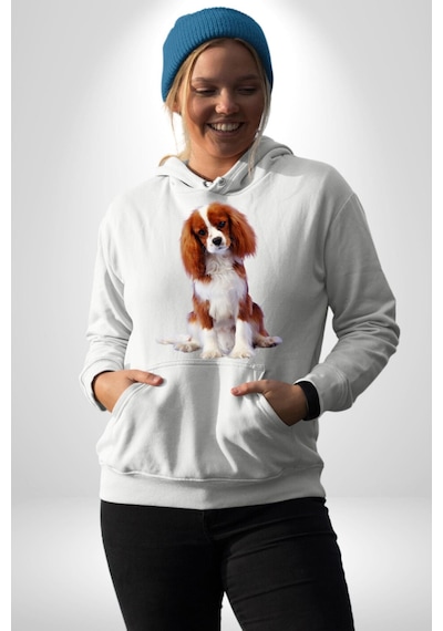 Cavalier King Charles Spaniel Kadın Erkek Beyaz Kapüşonlu Sweatshirt Hoodie Beyaz
