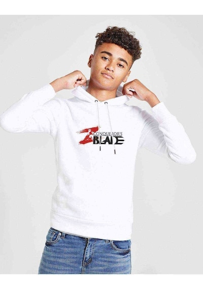 Tshirthane Conqueror' Balde Baskılı Unisex Çocuk Kapüşonlu Beyaz Sweatshirt Beyaz