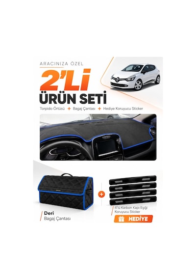 Renault Clıo 4 2012-2019 Uyumlu Torpido Örtüsü + Deri Bagaj Çantası + Sticker Seti - Siyah Mavi