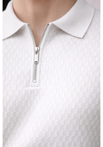 Erkek Fermuarlı Polo Yaka Triko Tişört Slim Fit Dokulu Yazlık Şık Casual Beyaz