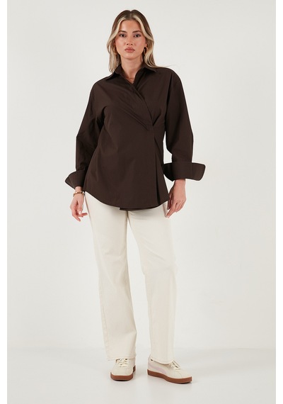 Lela Regular Fit Klasik Yaka Bağlamalı Uzun Kollu Bayan Gömlek 6834987 Kahve