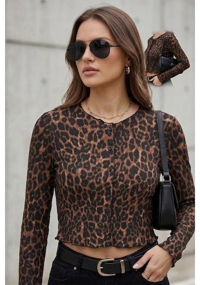 Kadın Leopar Desenli Crop Bluz Düğmeli Uzun Kollu Fit Yumuşak Dokulu Bluz - Kadın Bluz Leopar