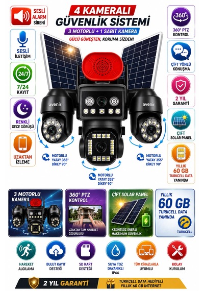 Avenir 4 Kameralı 3 Motorlu Ptz + 1 Sabit Kamera Solar Telefon Kontrol Turkcel Data Hattı 60 Gb Yanında