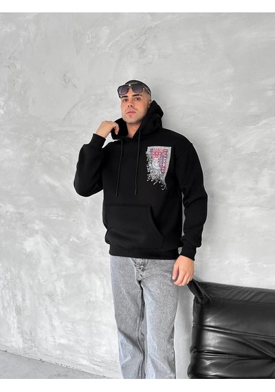 Barlashive Erkek Kapüşonlu Kanguru Cepli Sweatshirt 3 İplik Pamuklu Baskılı Hoodie - Siyah Çok Renkli