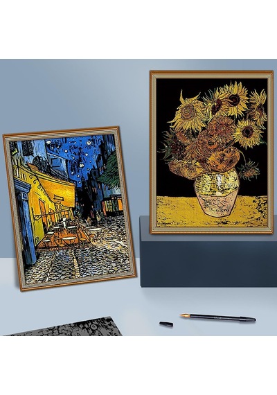 Scratch Art Tablo 4 Parça Vincent Van Gogh Çizik Gökkuşağı Kağıt Seti Yetişkinler Ve Çocuklar İçin, Kendin Ya