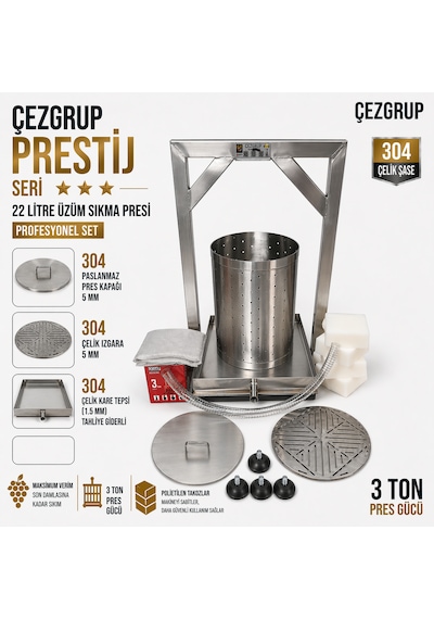 Çezgrup Prestij 22 Litre Full 304 Paslanmaz Çelik Üzüm Sıkma Presi 3 Ton Krikolu Profesyonel Seri
