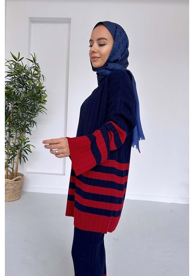 Ka Hijab Çift Renk Çizgili Triko Takım - Lacivert