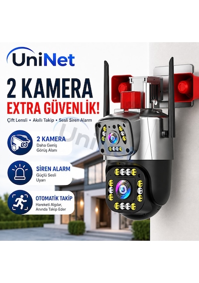 Uninet 5 Mp Çift Kameralı Wifi Güvenlik Kamerası Yüksek Sesli Alarm, 40 M Gece Görüşü Ve Döner Başlıklı Kamera