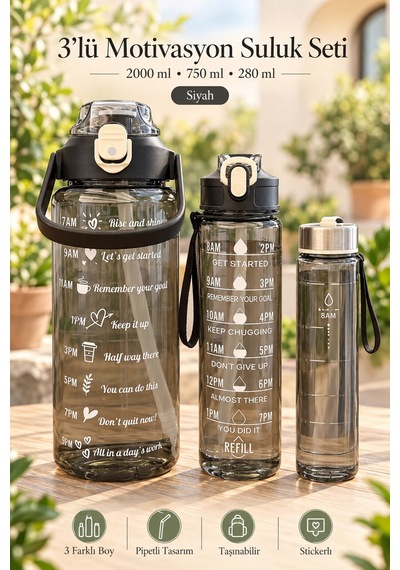 Madamev 3lü Motivasyonel Suluk Matara Seti 2000+750+280ml Pipetli Sticker Askılı Spor Okul Su Şişesi Siyah