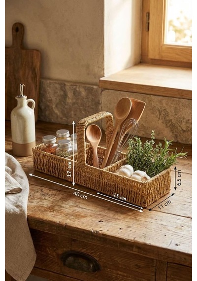 Buffer 3 Bölmeli Hasır Sepet Organizer Saplı, Mutfak Banyo Ofis Çok Amaçlı Düzenleyici, Plastik Rattan Kaşıklı Diğer