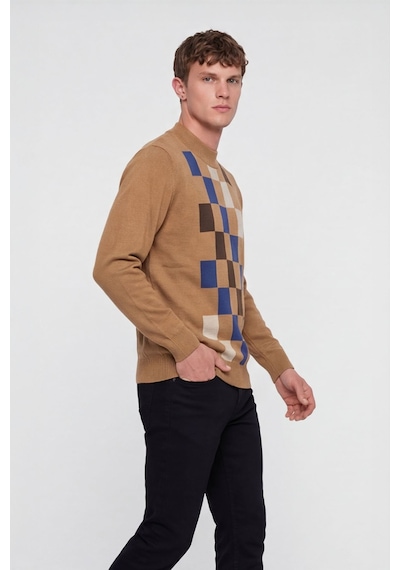 Sabri Özel Erkek Camel Normal Kesim Regular Fit Yünlü Dokuma Desenli Triko Kazak