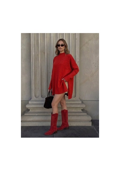 Onno Style Women Düz Triko Standart Panço Kırmızı