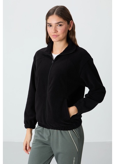 Tommy Life Siyah Kalın Yumuşak Dokulu Dik Yaka Oversize Nakışlı Polar Kadın Sweatshirt - 97293 Siyah