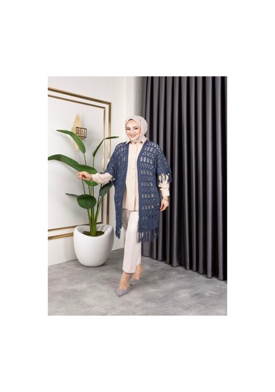 Hira Life Fashion Kadın Mevsimlik Saçaklı Ve Ajurlu Pamuk Triko Hırka Mavi Mavi