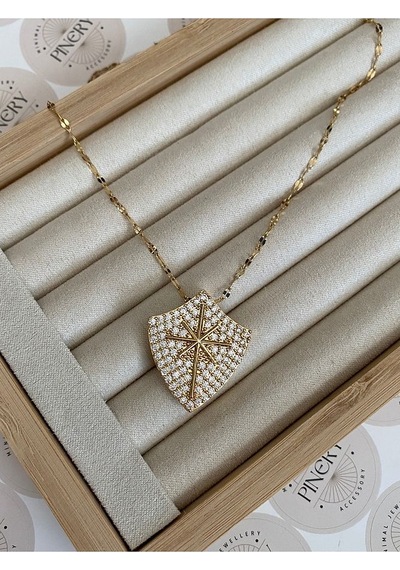 Pinery Jewels Zirkon Taşlı Kalkan Kararmaz Çelik Kadın Gold Kolye Altın